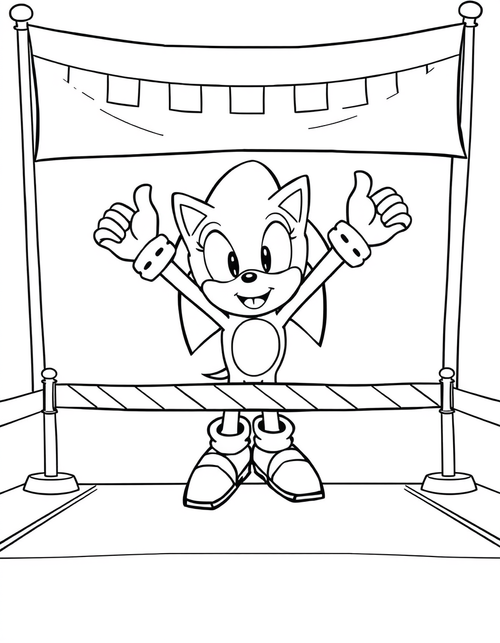 Cartoon hedgehog crossing a finish line under a checkered banner, black and white line art