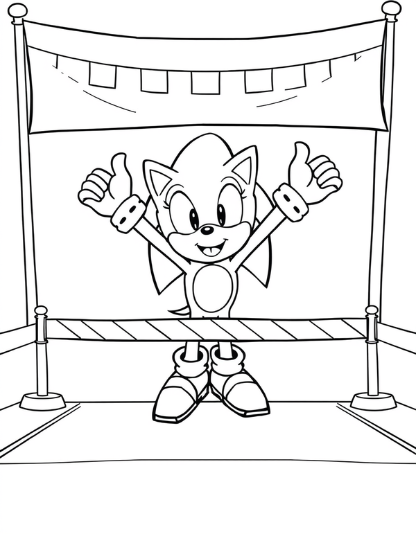 Cartoon hedgehog crossing a finish line under a checkered banner, black and white line art