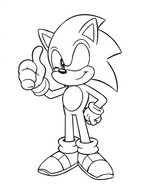 Cartoon hedgehog winking and giving a thumbs up, black and white line art
