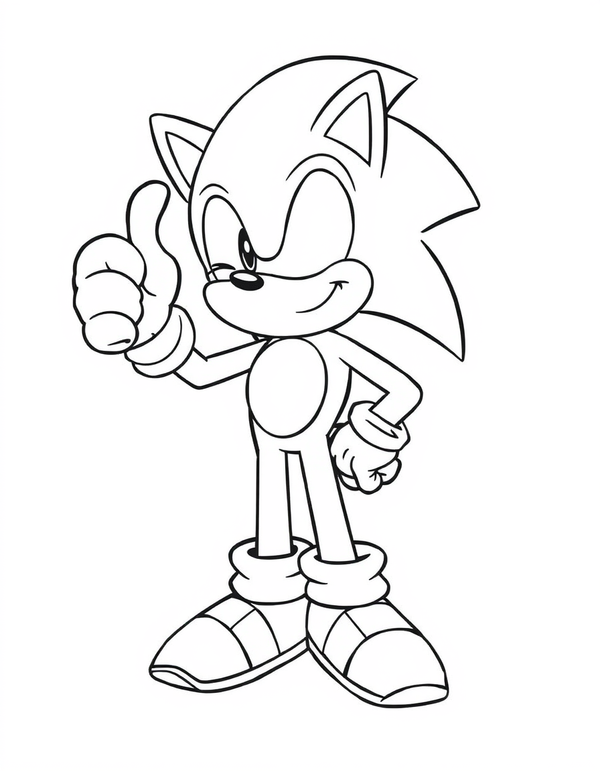 Cartoon hedgehog winking and giving a thumbs up, black and white line art