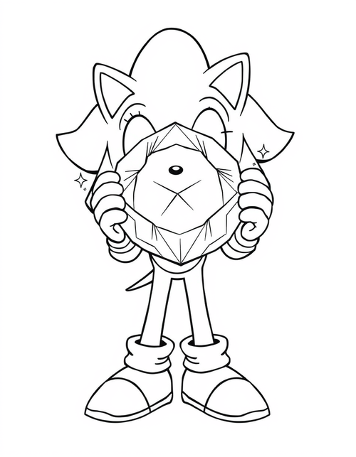Cartoon hedgehog holding up a large faceted gemstone, black and white line art