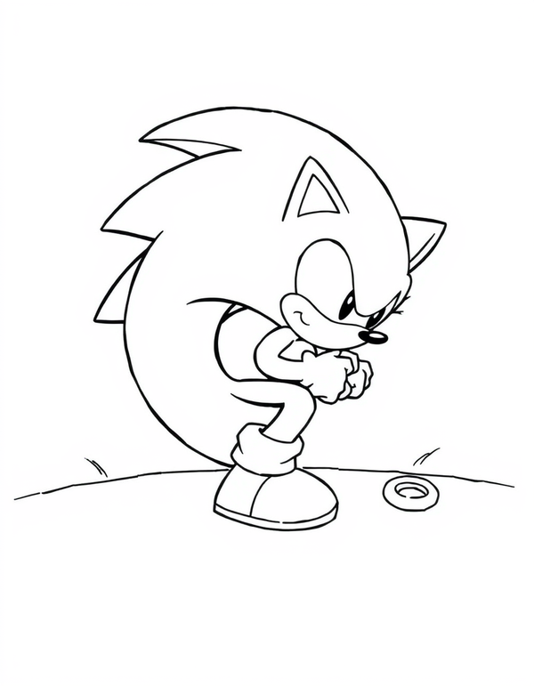 Cartoon hedgehog curled into a spinning ball with motion arcs, black and white line art