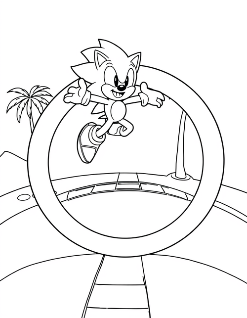 Cartoon hedgehog leaping over a tall looping track, black and white line art