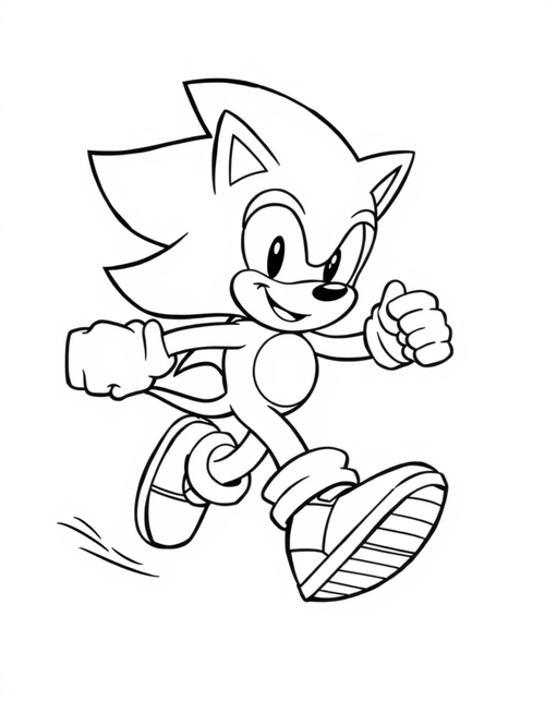 Cartoon hedgehog character sprinting forward with one fist raised, black and white line art