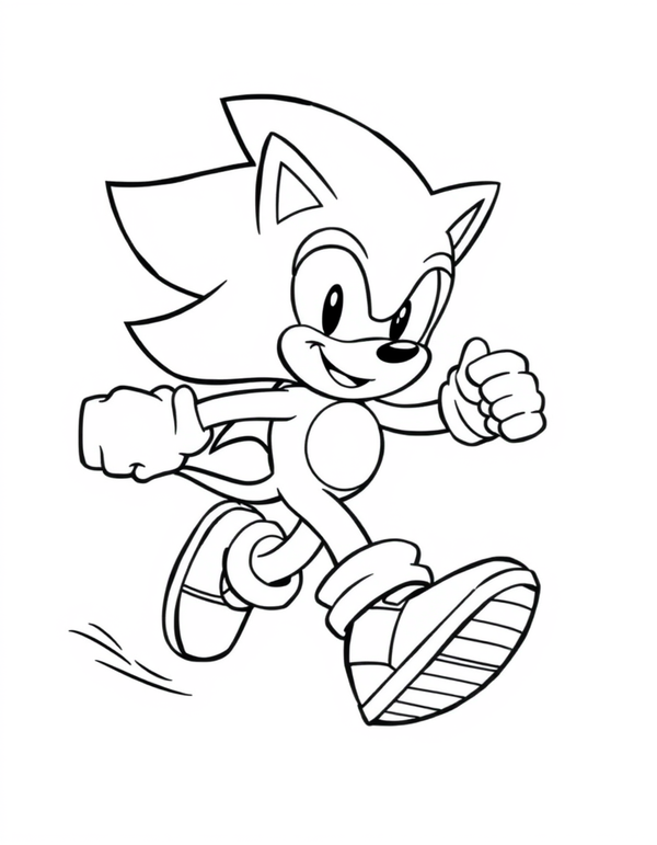 Cartoon hedgehog character sprinting forward with one fist raised, black and white line art