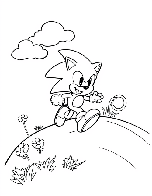 Cartoon hedgehog running down a curving grassy hill past flowers, black and white line art