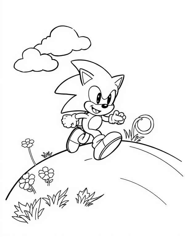 Cartoon hedgehog running down a curving grassy hill past flowers, black and white line art