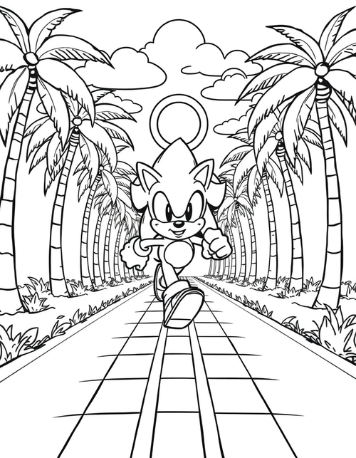 Cartoon hedgehog running past tall palm trees and floating rings, black and white line art