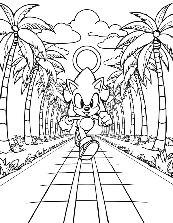 Cartoon hedgehog running past tall palm trees and floating rings, black and white line art