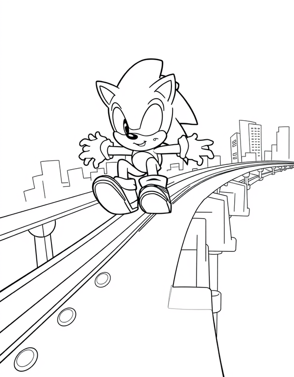 Cartoon hedgehog sliding along a long rail with sparks behind, black and white line art