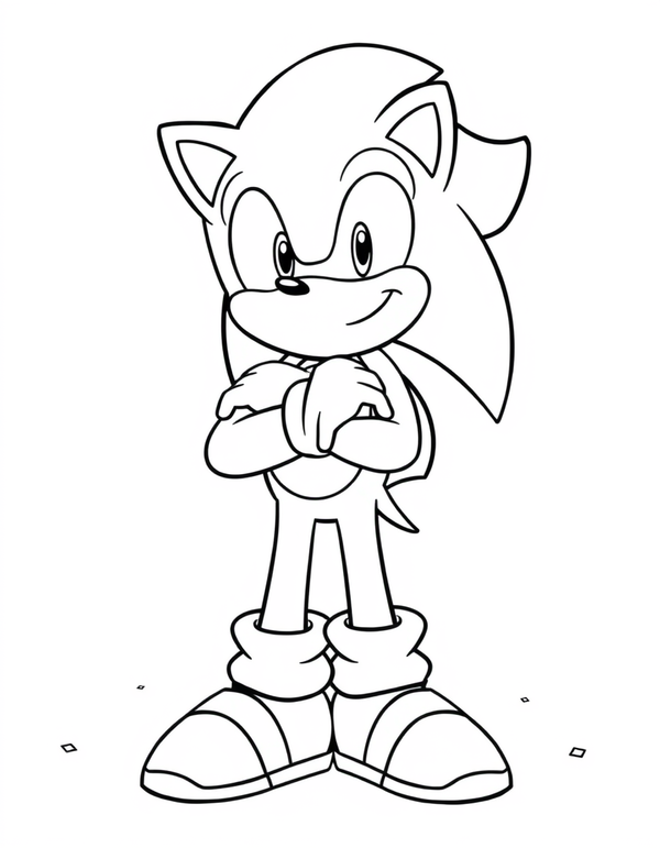Cartoon hedgehog standing with arms crossed and a confident grin, black and white line art