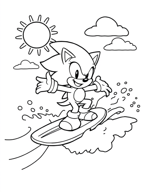 Cartoon hedgehog riding a surfboard across curling waves, black and white line art