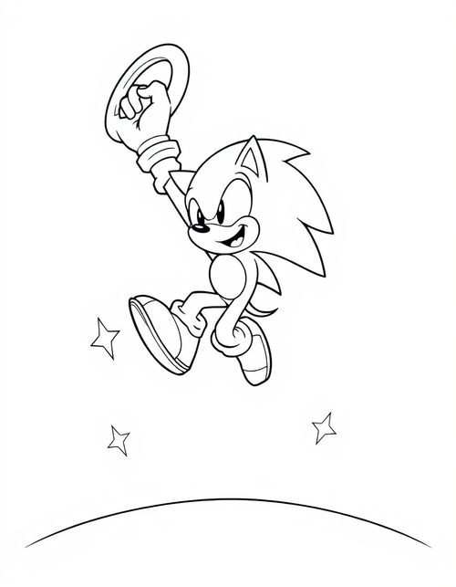 Cartoon hedgehog leaping upward reaching for a large floating ring, black and white line art