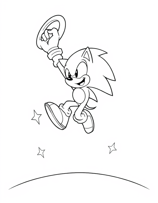 Cartoon hedgehog leaping upward reaching for a large floating ring, black and white line art