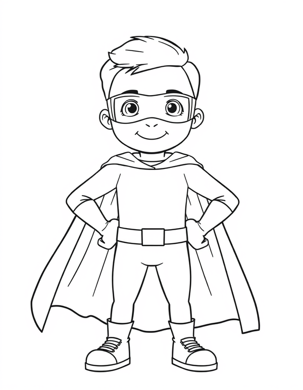 Superhero Boy Standing in a Hero Pose black and white line art