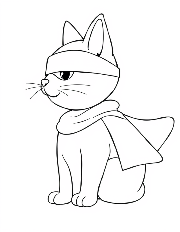 Superhero Cat Wearing a Mask and Cape black and white line art