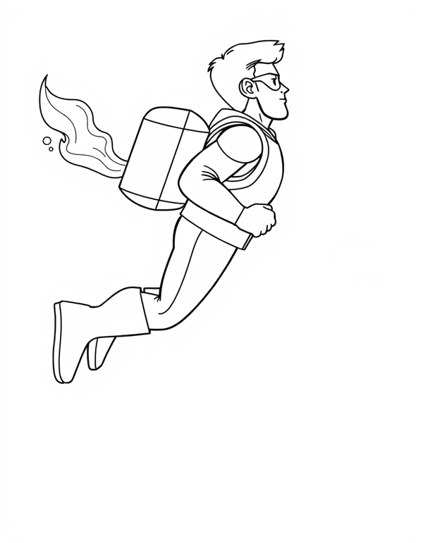 Superhero Flying With a Jetpack black and white line art