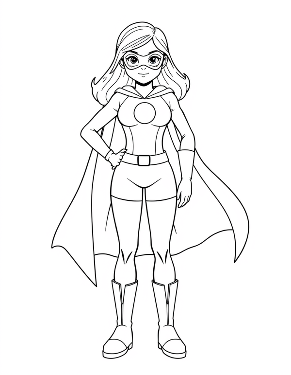 Superhero Girl With Her Cape Streaming Behind Her black and white line art