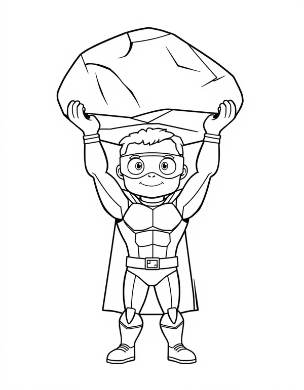 Superhero Lifting a Giant Boulder black and white line art