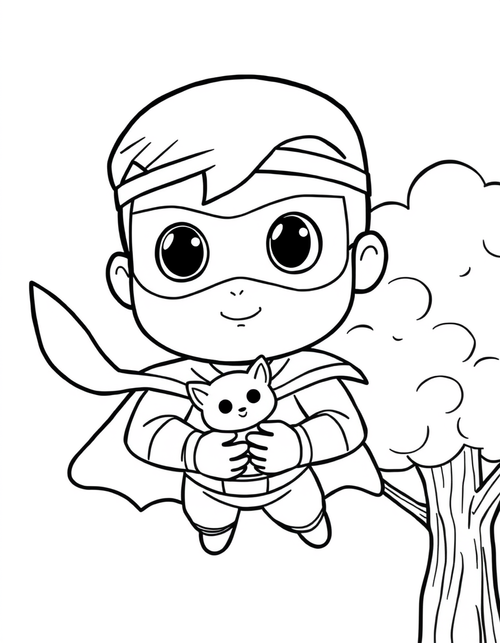 Superhero Rescuing a Cat From a Tree black and white line art