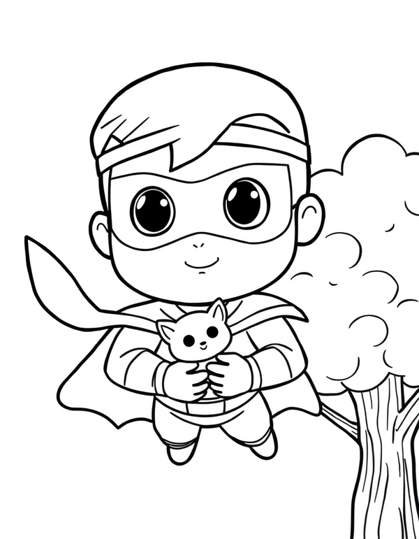 Superhero Rescuing a Cat From a Tree black and white line art