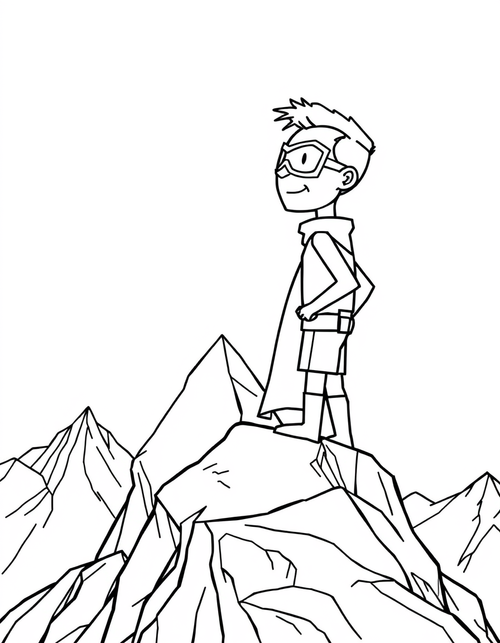 Superhero Standing on a Mountain Peak black and white line art