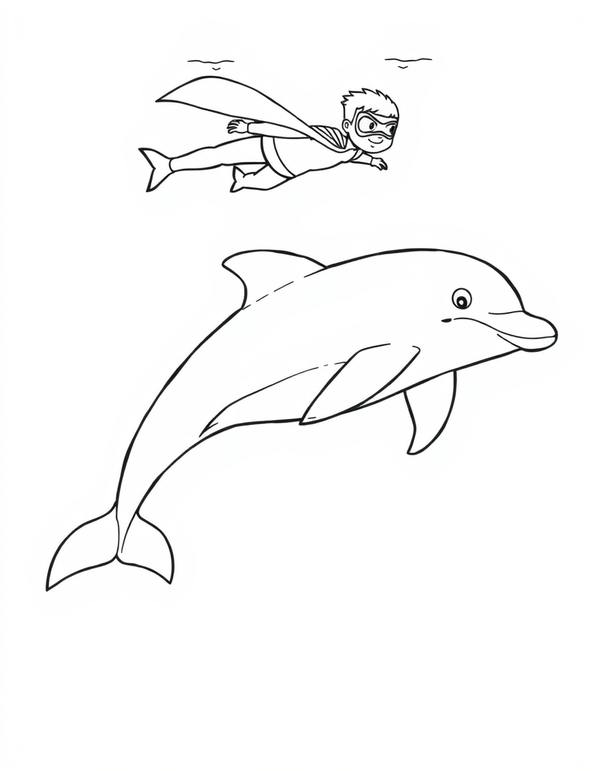 Superhero Swimming Underwater With a Dolphin black and white line art