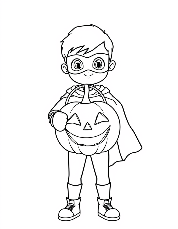 Superhero Trick Or Treating on Halloween black and white line art