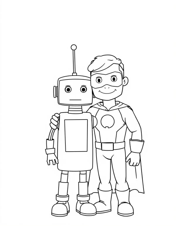 Superhero With a Robot Sidekick black and white line art