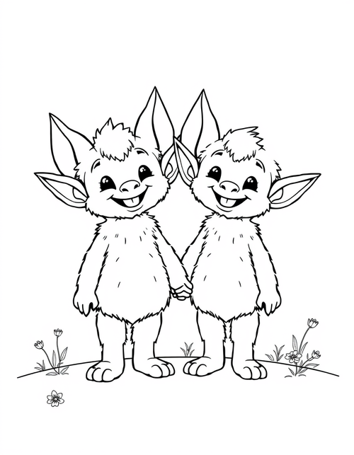 Two big eared plush creatures standing side by side holding hands, black and white line art