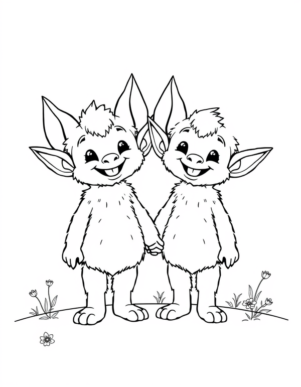 Two big eared plush creatures standing side by side holding hands, black and white line art