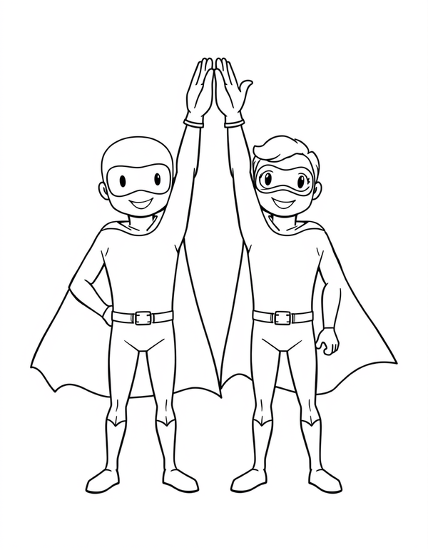 Two Superheroes Giving a High Five black and white line art