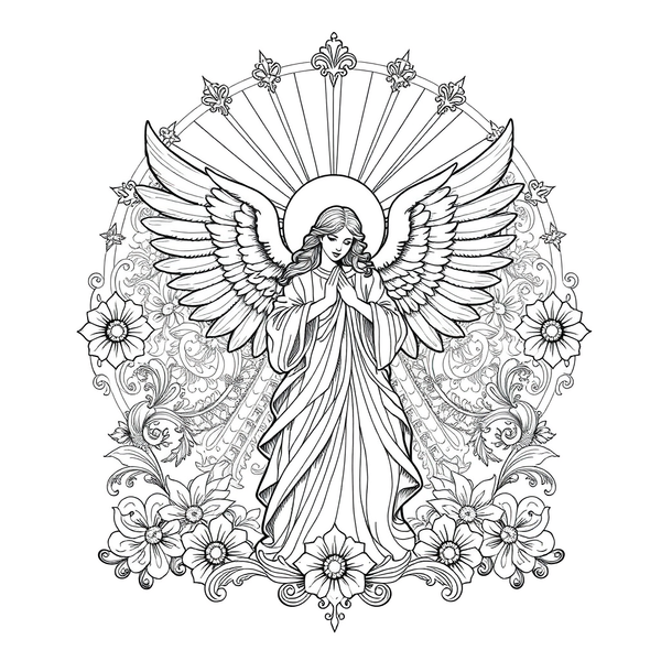 Black and white coloring page of angel blessing scene with rays of light