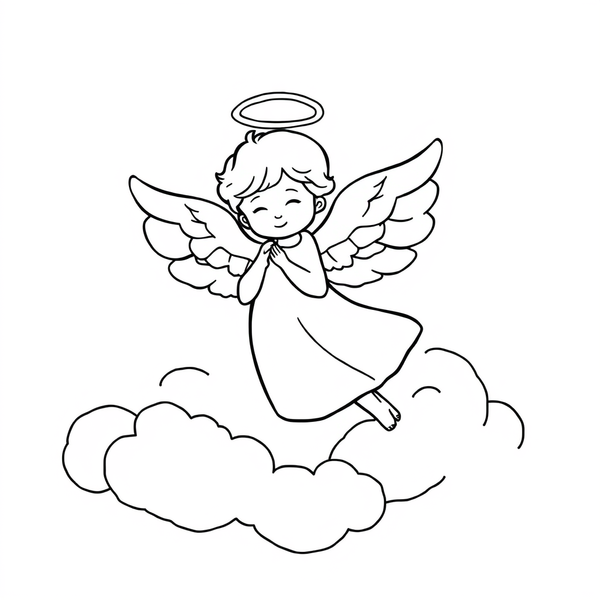 Black and white coloring page of angel floating peacefully in soft clouds