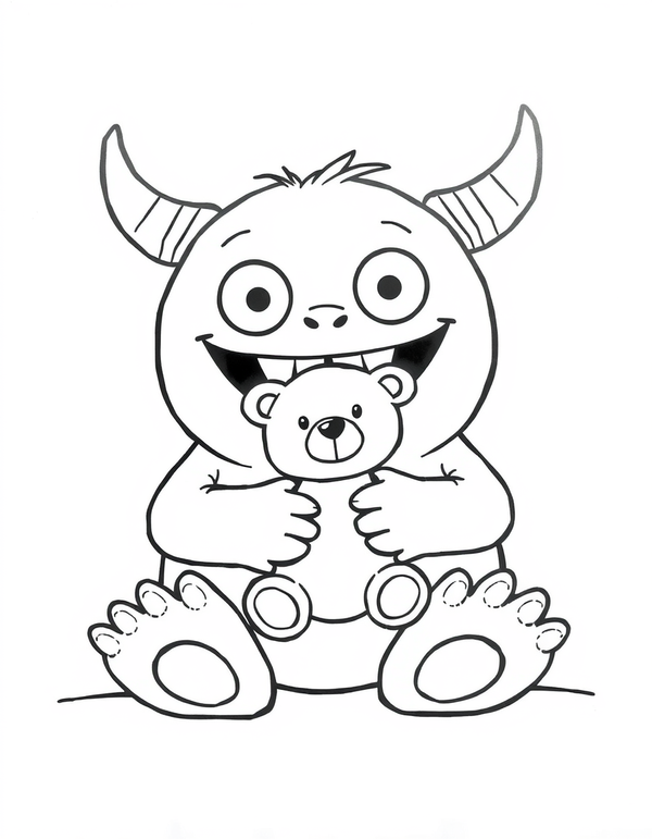 Coloring page of a baby monster sitting down holding a teddy bear against its chest with both arms