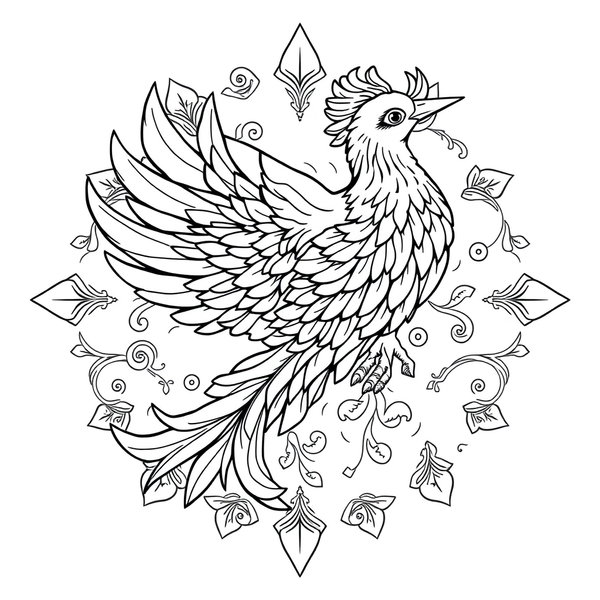 Black and white coloring page of beautiful phoenix feathers in decorative pattern