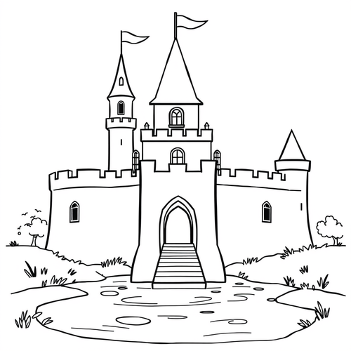 Black and white coloring page of castle with moat and working drawbridge