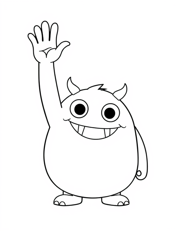 Coloring page of a small round monster standing on two flat feet with one arm raised in a wave