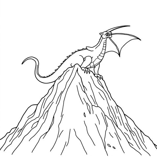 Black and white coloring page of dragon perched atop a rocky mountain peak