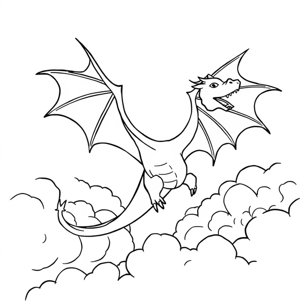 Black and white coloring page of dragon soaring through storm clouds
