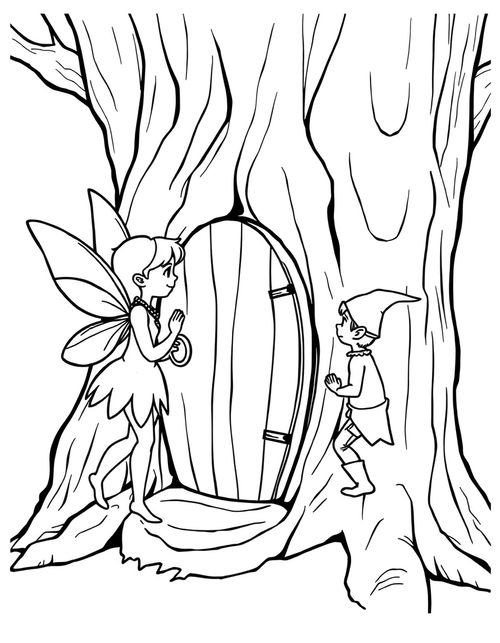 Black and white coloring page of fairy and elf building a tiny door in a tree root