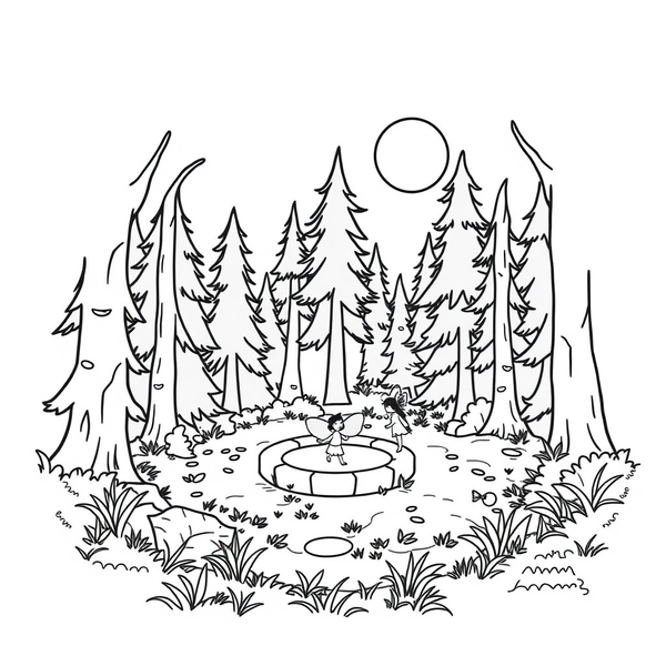 Black and white coloring page of fairy circle in a moonlit forest clearing