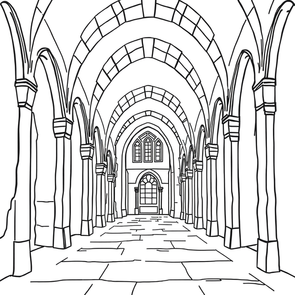 Black and white coloring page of grand interior castle hallway with stone arches