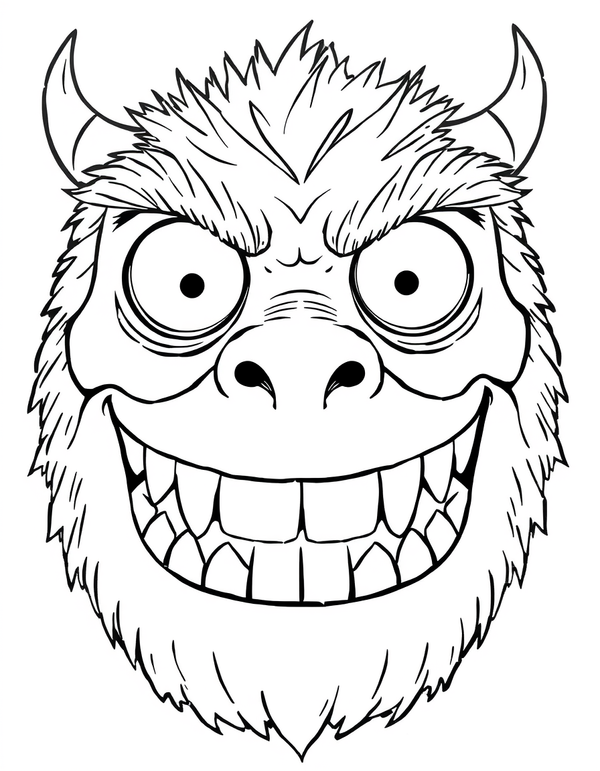 Coloring page showing a large monster face filling the sheet with two round eyes, shaggy brows and a wide grin full of blunt outlined teeth