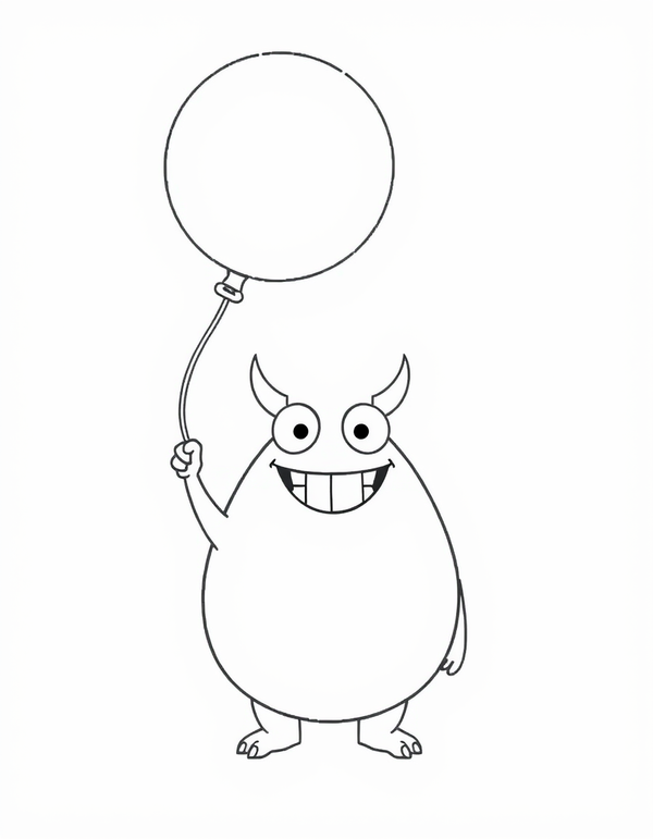 Coloring page of a happy monster standing on two flat feet holding a round balloon on a long string