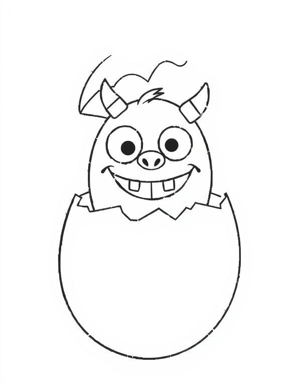 Coloring page of a little monster poking its head and horns up out of a large cracked egg shell