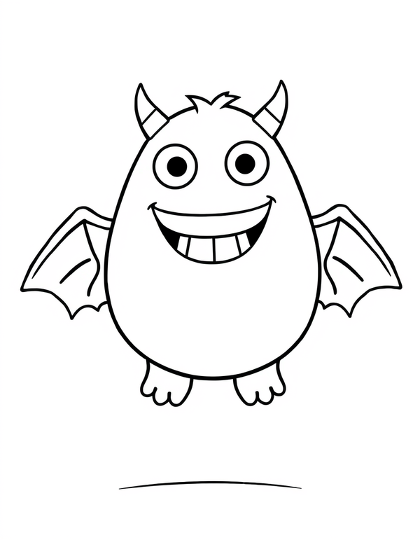 Coloring page of a little round monster hovering just above the ground with two small scalloped wings spread behind it