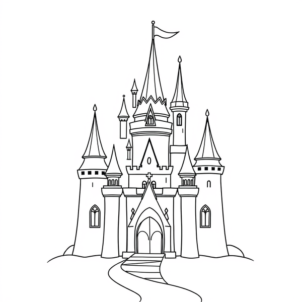 Black and white coloring page of magical fairy tale princess castle with spires