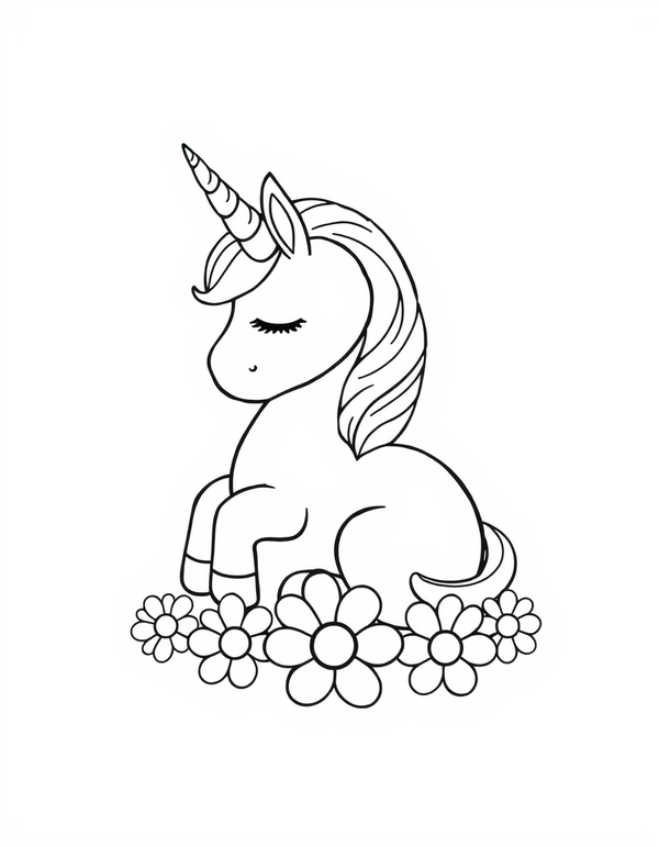 Black and white coloring page of mini unicorn sleeping in a patch of flowers