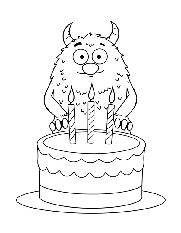 Coloring page of a monster leaning over a round birthday cake and blowing out two tall candles on top of it